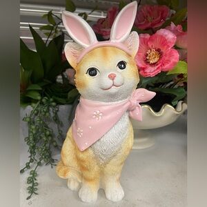 Easter Cat Kitty with Pink Bunny Ears Orange Tabby Resin Figure Bandana NWT